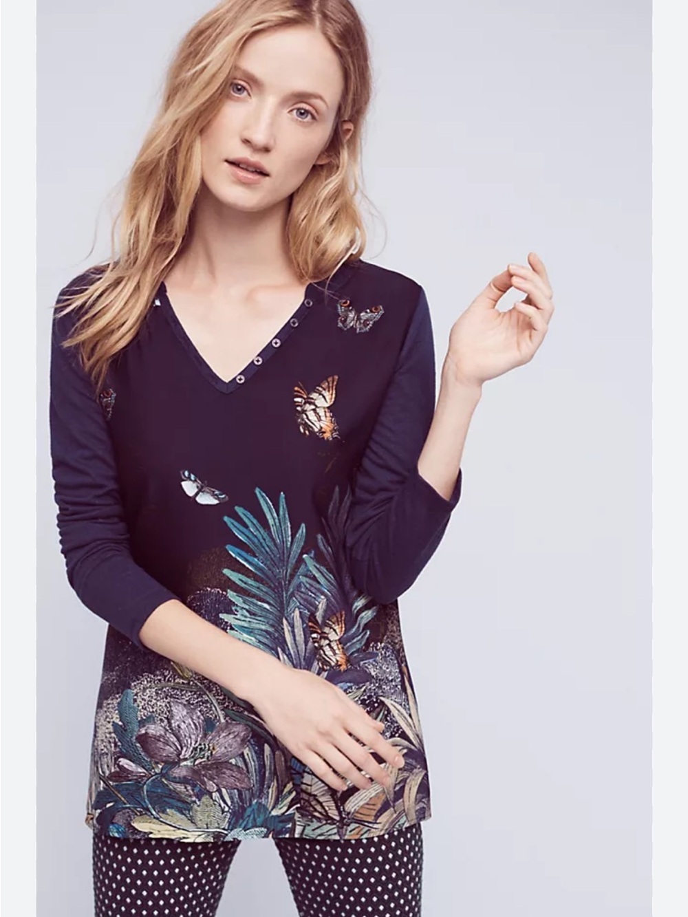 Anthropologie Akemi & Kin Linen Blend Floral Tunic Blouse Oversized Butterfly S